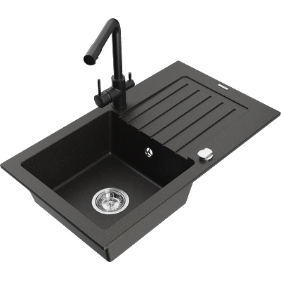 Mexen Pablo гранитна мивка с 1 камера, отцедник и кухненски смесител Duero, черен/златен металик - 6510-75-671600-70 (6510-75-671600-70)