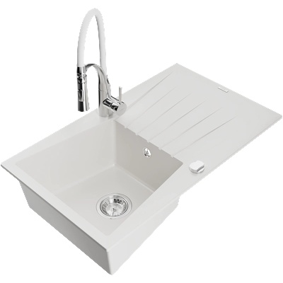 Mexen Cesar гранитна мивка с 1 отделение и капковник и кухненски смесител Aster, бял - 6514-20-73450-02 (6514-20-73450-02)