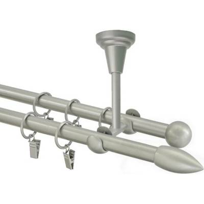 OK-GarnýžeCZ Garnýž kovová dvouřadá 16mm Špice stříbrná mat 200 cm do stropu / kroužky s žabkou