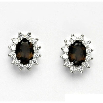 Čištín Zlaté náušnice Kate, bílé i žluté zlato, přírodní záhněda, čiré zirkony, NŠ 1480