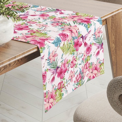 Biante bavlna behúň Sandra SA-493 Kolibríky s ružovými kvetmi na bielom 45x120 cm