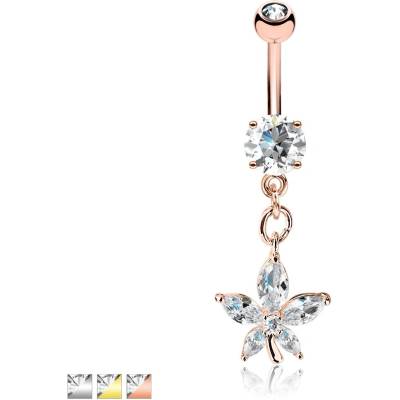 Šperky eshop závěsný piercing do pupíku z oceli zirkonový květ na stonku kulatý zirkon Z10.11 zlatá
