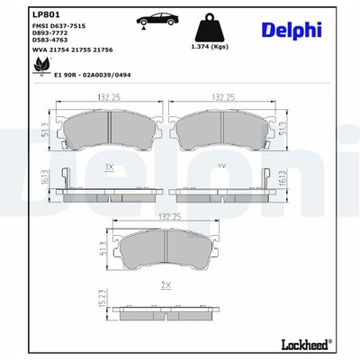 DELPHI Sada brzdových platničiek kotúčovej brzdy LP801