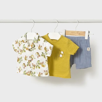 Mayoral Комплект тениска в жълто, риза с пчелички и деним панталонки за новородено момче Mayoral