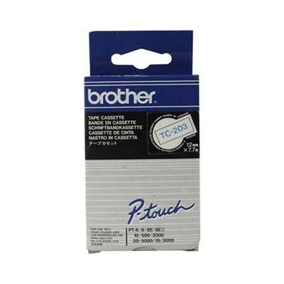 Brother TC-203, 12mm x 7,7m, modrá tlač / biely podklad, originálna páska