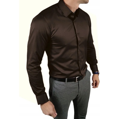 Pánska košel'a Espada dlhý rukáv slim fit hnedá čokoládová