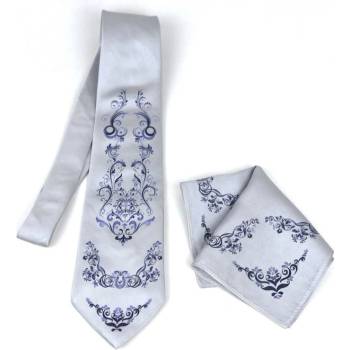 Hodvábna kravata + vreckovka Dark Ornament Silver