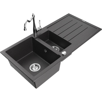 Mexen Andres гранитна кухненска мивка 1, 5-камерна с отцедник и кухненски смесител Carla, черен на пръски - 6515-76-670700-00 (6515-76-670700-00)