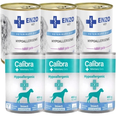 Calibra Veterinary Diets Dog Hypoallergenic Insect & Salmon 6 x 400 g a Enzo Vet Hypoalergenní dieta s králíkem 6 x 400 g