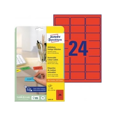 Etikety Avery odnímateľné 63,5x33,9 mm, červené