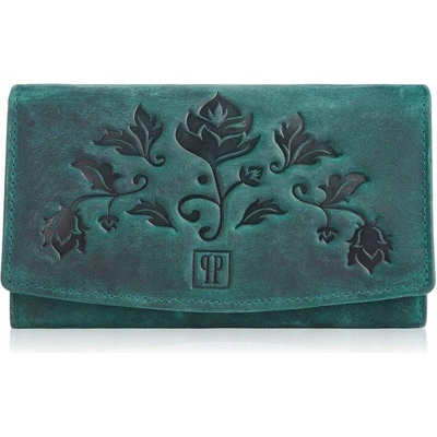 Paolo Peruzzi Dámská kožená peněženka zelená s květinovým vzorem RFID Vintage