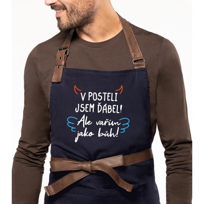 Kariban Zástěra pro muže Exclusive V posteli jsem ďábel! Ale vařím jako bůh! Tmavě modrá Navy