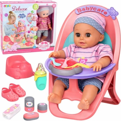 LeanToys Panenka čůrá, blábolí, pláče, mluví 12 zvuků, příslušenství, židlička