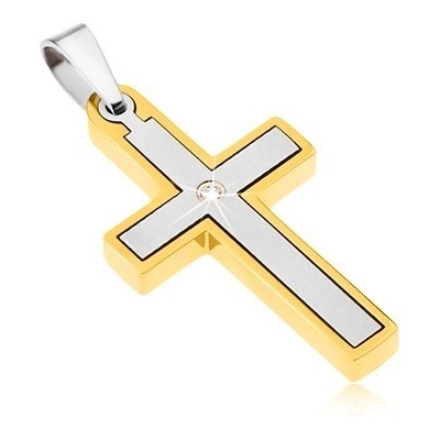 Šperky Eshop Přívěsek z oceli křížek zlaté a stříbrné barvy čirý zirkon SP29.15