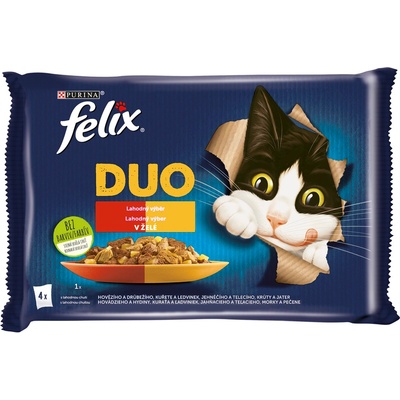 Felix Fantastic Duo kuře a ledvinky hovězí a drůbeží krůta a játra jehněčí a telecí jelly 4 x 85 g