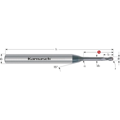 Karnasch 308012010010 | Tvrdokovová Micro-3D Mini-rádiusová fréza, VALUETOOL, guľové ostrie 1,0x0,50-10,0x4 mm, Z2