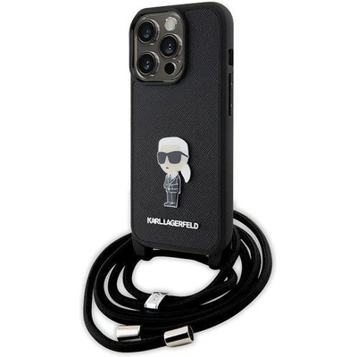 KARL LAGERFELD Кейс Karl Lagerfeld Crossbody Saffiano Monogram Metal Pin Karl & Choupette за iPhone 15 Pro, черен (KF001760-0)