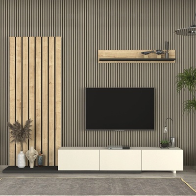 TopMebel Меламинов ТВ шкаф Nagini TopMebel в екрю - сапфирен дъб - антрацит 260x39.4x203.6cm