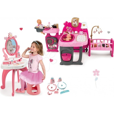 Smoby set domček pre bábiku Baby Nurse Doll´s Play Center a kozmetický stolík 2v1 so stoličkou