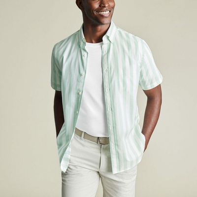 Charles Tyrwhitt Non-Iron Stretch Poplin Slub Shirt Aqua Green Slim fit