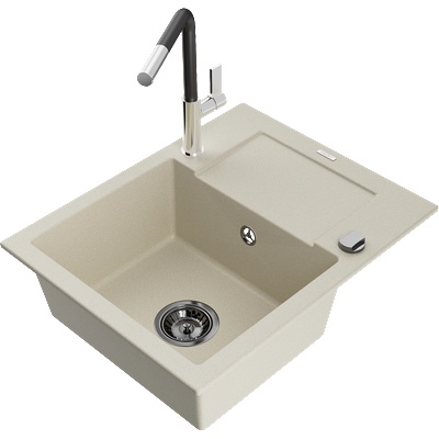 Mexen Enzo гранитна мивка 1-компонентна с отцедник и кухненски смесител Flora, бежова - 6506-69-670401-07-B (6506-69-670401-07-B)