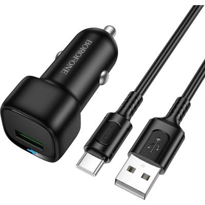 BOROFONE Зарядно за автомобил - Borofone (BZ34) - включен USB-A/C кабел, Single USB-A, 18W QC/FCP/AFC - Черен