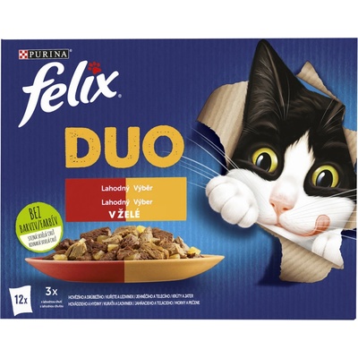 Felix Fantastic Duo kuře a ledvinky, hovězí a drůbeží, krůta a játra, jehněčí a telecí jelly 12 x 85 g