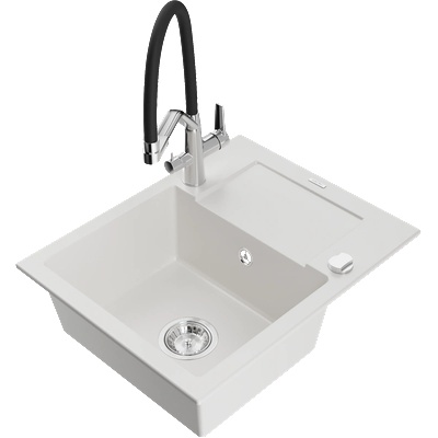 Mexen Enzo гранитна мивка с 1 отделение с отцедник и кухненски батерии Duo, бял - 6506-20-671701-07 (6506-20-671701-07)