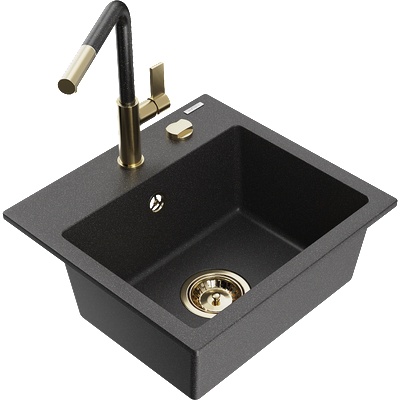 Mexen Milo гранитна мивка с 1 отделение с кухненски смесител Flora, черен на петна - 6505-76-670401-75-G (6505-76-670401-75-G)