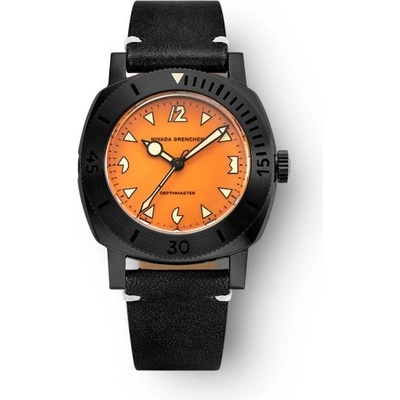Nivada Grenchen Depthmaster Black Pumpkin Black Leather White Stitching