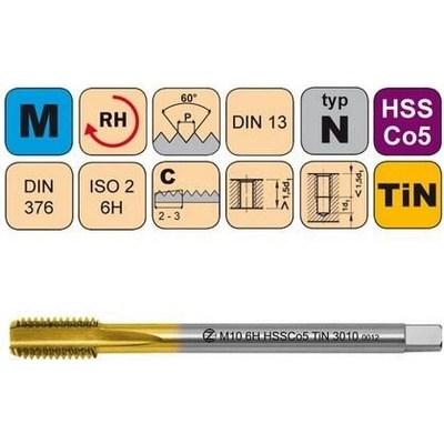 NÁSTROJE CZ Závitník strojní M14x1 ISO2 HSSCo5 TiN DIN 374 C - 3010 - CZZ3010-M14X1-ISO2