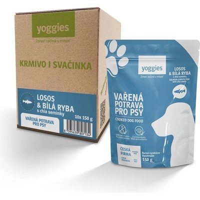 Yoggies Vařená potrava losos a bílá ryba s chia semínky 10 x 150 g