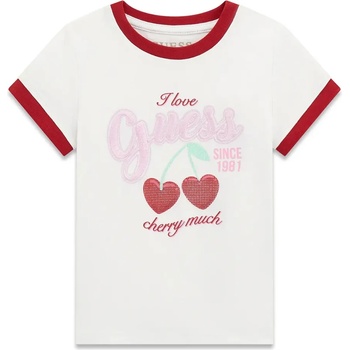GUESS Бяла тениска за мини момиче с червени детайли, череши и розов бродиран надпис Guess