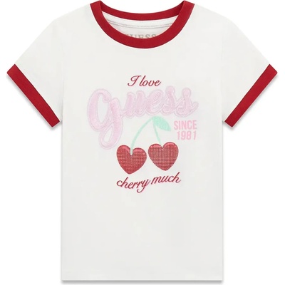 GUESS Бяла тениска за мини момиче с червени детайли, череши и розов бродиран надпис Guess