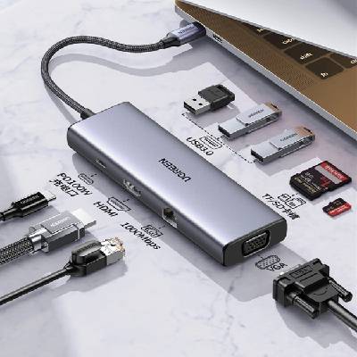 UGREEN Мултифункционален USB хъб Ugreen CM498 15600 USB-C - 3x USB-A 3.0 / HDMI / VGA / RJ45 / SD / TF Card Reader / USB-C PD - сив (15600_VZ)