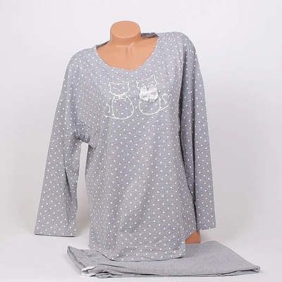 Макси пижама с дълъг ръкав в сиво с котета и точки