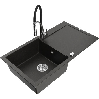 Mexen Leo гранитна мивка 1-компонентна с отцедник и кухненски смесител Aster, черен/златен металик - 6501-75-73450-07 (6501-75-73450-07)