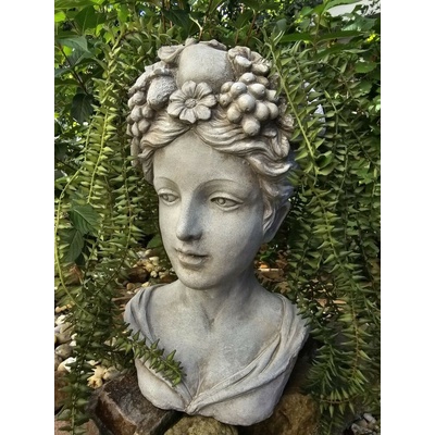 Clayre & Eef sivý antik cementový kvetináč hlava ženy s kvetmi - 22x21x35 cm