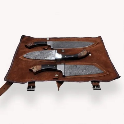 Комплект ножове (3 броя) - дамаска стомана - ръчна изработка с чанта от естествена кожа - cb 100062