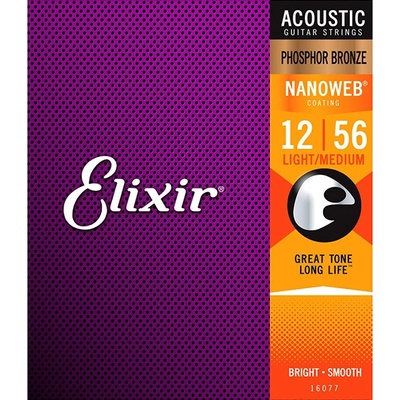 Elixir NANOWEB Light/Medium, Струни за акустична китара 12-56, Phosphor Bronze (NWPB12-56A)