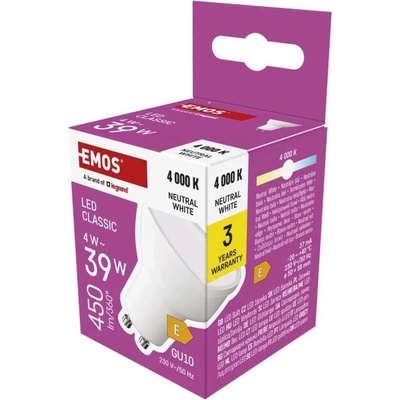 EMOS ZQ8E23 LED ZIAROVKA CLASSIC MR16 / GU10 / 4 W 39 W / 450 LM / NEUTRALNA BIELA
