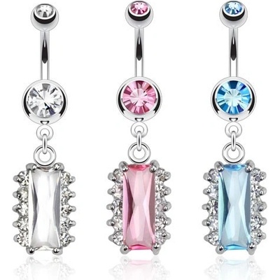 Šperky eshop piercing do břicha z oceli obdélníkový zirkon a menší čiré kamínky P8.15 aqua modrá Q