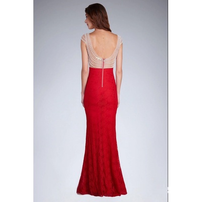 Soky Soka dámské společenské šaty s perličkami a krajkou dlouhé červená