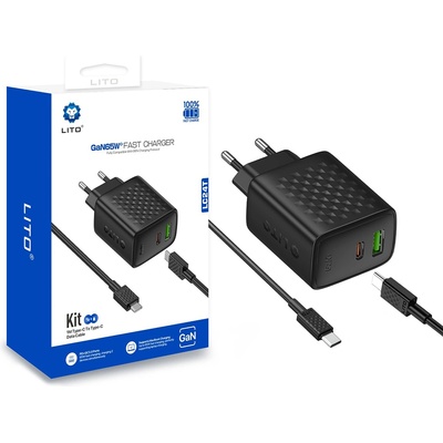 LITO Зарядно устройство Lito - (LC24T) - с включен кабел Type-C, Type-C, USB изход, PD65W, GaN, PC Fireproof, EU Plug - Черен