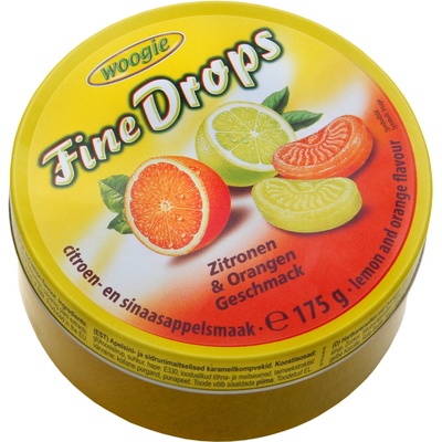 Woogie Fine Drops Bonbónky s příchutí citrónu, pomeranče v plechové dóze 200 g