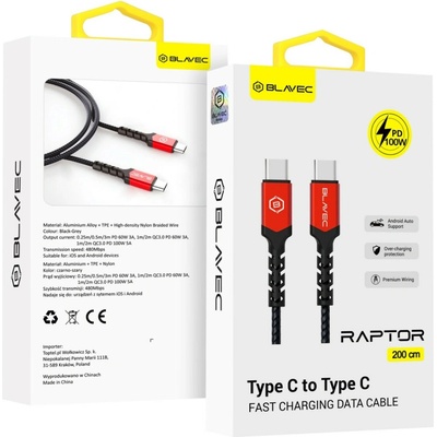 BlavecCRA-CC5BR20 typ C na typ C - PD 100W 5A, 2m, černo-červený