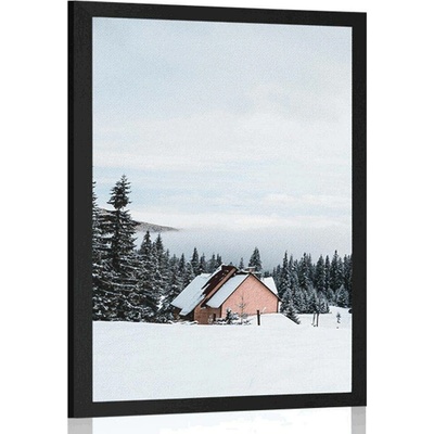 Plakát chaloupka v zasněžené přírodě - 30x45 black