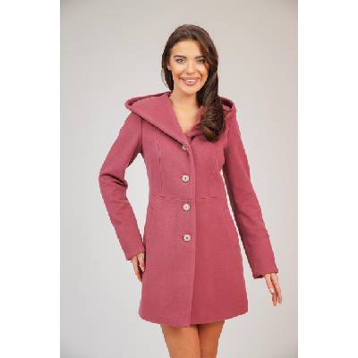 Дамско вълнено палто цвят пепел от рози с качулка 12106-807
