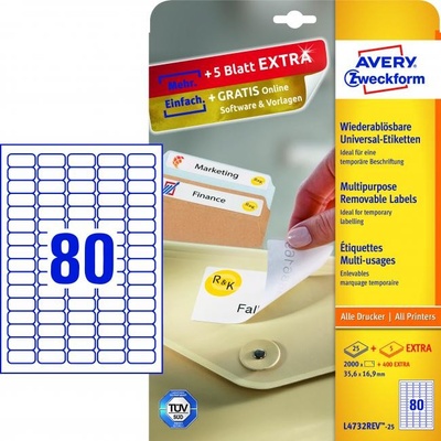 Avery-Zweckform L4732REV-25 35.6 x 16.9 mm papier biela 2400 ks premiestniteľné univerzálne etikety atrament, laser, kópie; L4732REV-25