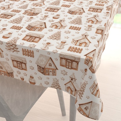 Biante Vánoční bavlna obdélníkový ubrus Sandra SA-807 Hnědé perníkové chaloupky a sněhuláci na bílém 80x120 cm